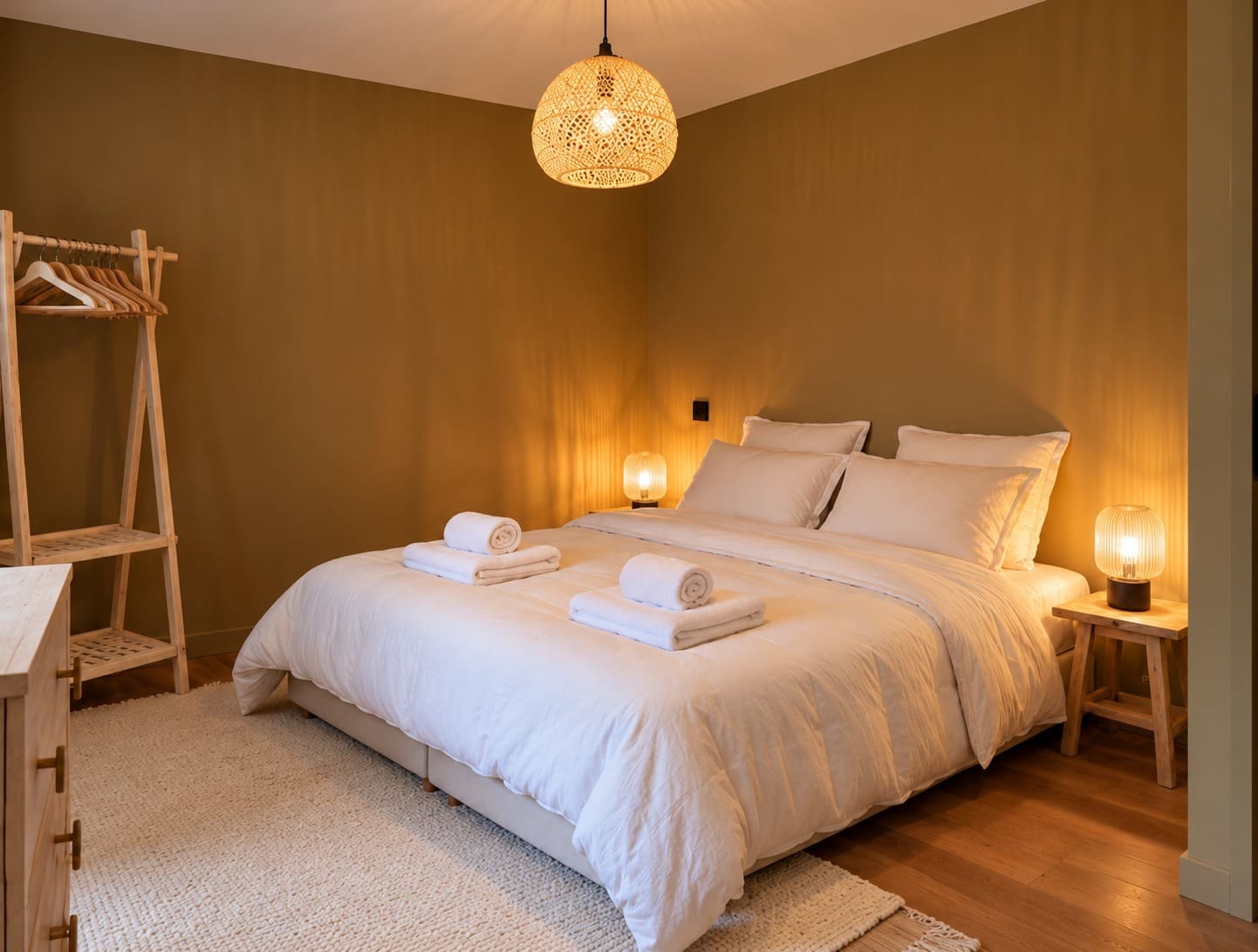 La Chambre Deluxe, au rez-de-chaussée, lit fait de linge blanc, lampes de chevet allumées
