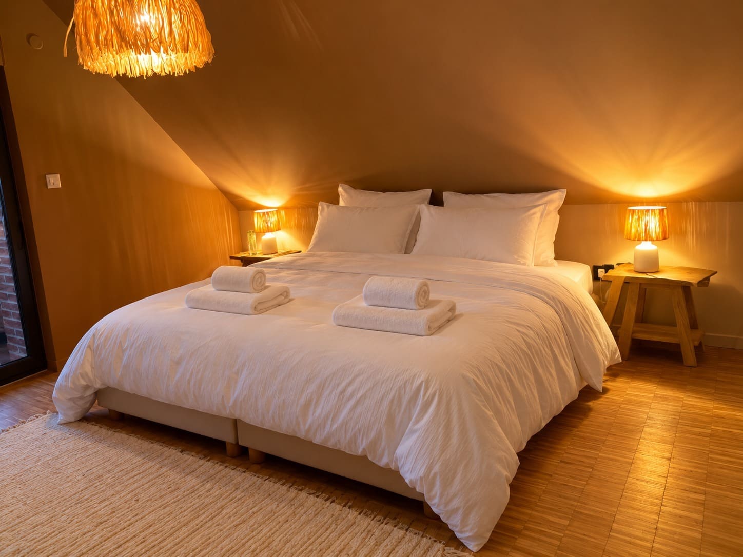 Le lit king size de la Master Bedroom, serviettes roulées et lampes de chevet
