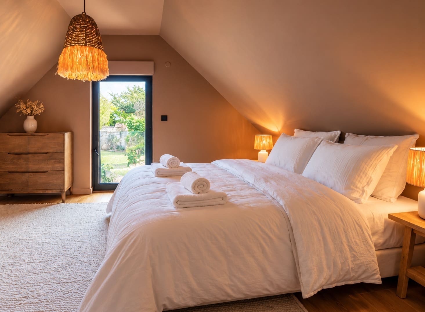 La Master Bedroom sous le toit, sa suspension en raphia et sa porte-fenêtre