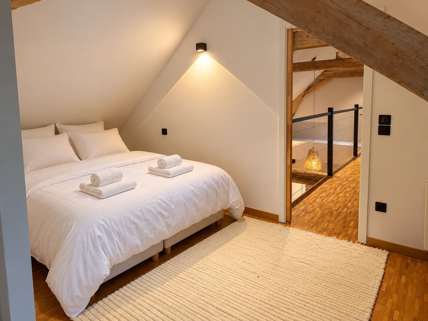 La Baby Suite sous la charpente, ouverte sur la mezzanine