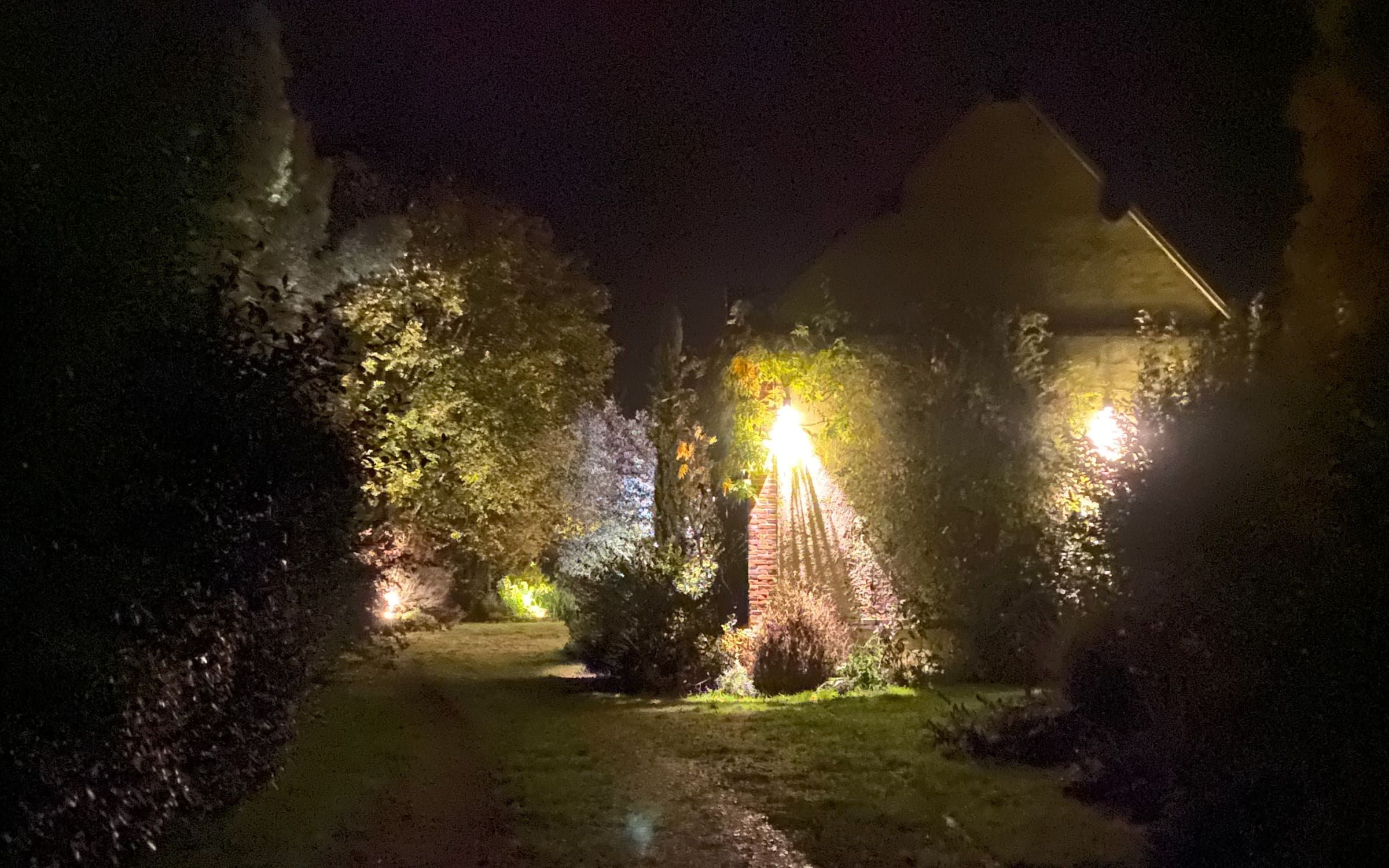 Le jardin la nuit, les arbres et le pignon éclairés