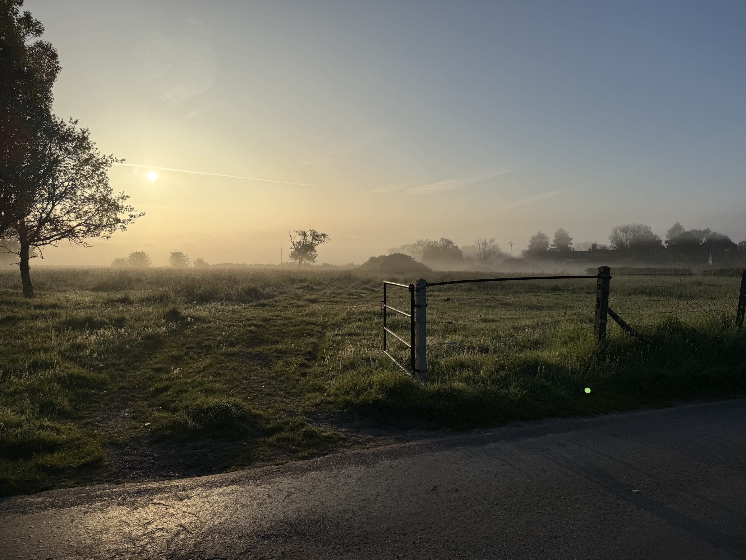 Matin brumeux sur la campagne, devant la maison