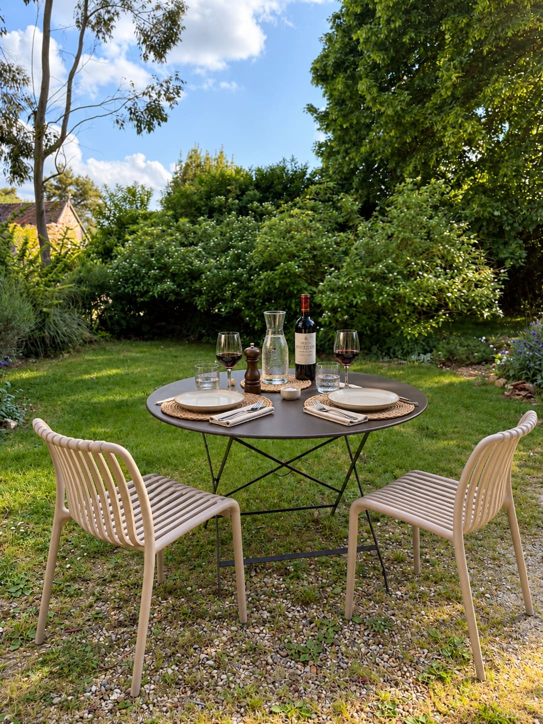 Une table pour deux dressée sur la pelouse, côté sud